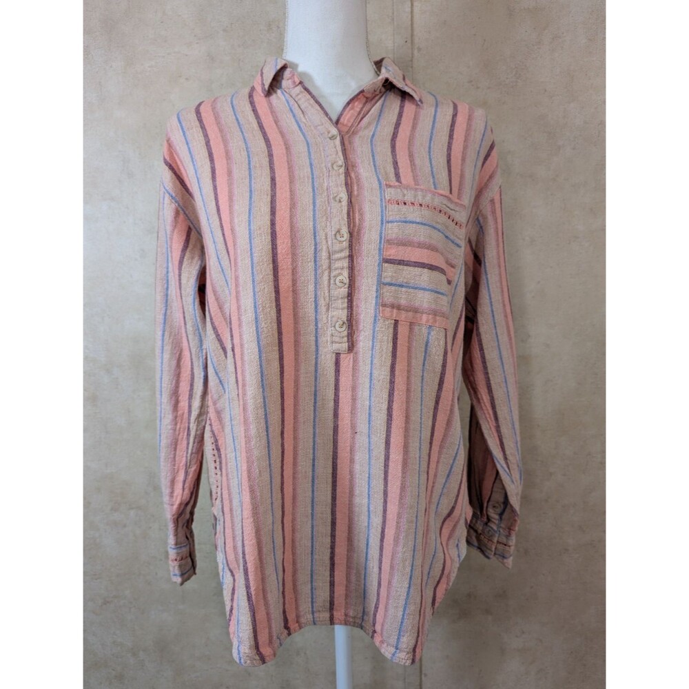 Maeve Anthropologie Lida Top Womens XS Pink Stripe Linen Blend Boho Shirt - Picture 2 of 10